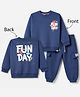 Teddy Fleece Knit Full Sleeves Winter Wear Suit With Text Print - Navy Blue