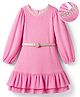 Hola Bonita Knit Structured Shimmer Full Sleeves Party Dress With Neck Highlight & Belt- Pink
