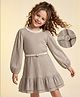 Hola Bonita Knit Structured Shimmer Full Sleeves With Neck Highlighted Party Dress With Belt - Gold