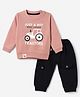 Mini Taurus Looper Knit Full Sleeves T-Shirt & Joggers Set With Vehicle & Text Print - Coral