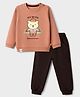 Mini Taurus Looper Knit Full Sleeves T-Shirt & Joggers Set With Bear & Text Print - Brown