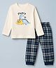 Babyhug Cotton Knit Full Sleeves T-Shirt & Pajama Night Suit with Mom's Fav One Text & Dinosaur Print with Checks - White