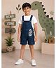 Kiddopanti Denim Woven Sleeveless Astronaut Dinosaur Printed Washed Cargo Dungaree - Dark Blue