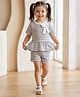 AJ Dezines Cotton Blend Knit Half Sleeves Textured & Striped Bow Applique Detailed Coordinating Peplum Top & Shorts Set - Grey & White