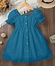 FOSTRIC Cotton Woven Puffed Sleeves Schiffli Embroidered Dress - Navy Blue
