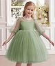 FOSTRIC Net Woven Half Puffed Sleeves Pearl Embellished Dress - Green