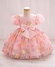 FOSTRIC Cotton Woven Half Puffed Sleeves Floral Printed & Bow Applique Detailed Dress - Pink
