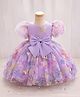 FOSTRIC Cotton Woven Half Puffed Sleeves Floral Printed & Bow Applique Detailed Dress - Purple