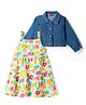 Babyhug Cotton Woven Full Sleeves Floral Printed Frock With Denim Jacket - White & Blue