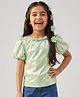 Tiny Girl Knit Half Puffed Sleeves Floral Applique Detailed Top - Light Green