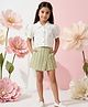 Tiny Girl Cotton Woven Half Puffed Sleeves Leaves Printed Top & Skort Set - Olive Green