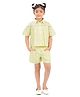 Tiny Girl Cotton Woven Half Sleeves Floral Schiffli Embroidered Coordinating Shirt Style Top & Shorts Set - Lemon
