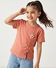 Arias 100% Cotton Knit T-Shirt with Half Sleeves and Flower Applique - Peach