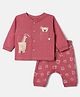 First Smile Sinker Knit Full Sleeves Co-Ords T-Shirt & Pyjama Night Suit with Giraffe & Bear Patch - Rose Gold
