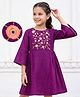 EARTHY TOUCH Cotton Mix Woven Ethnic Dress with Three-Fourth Sleeves and Floral Embroidery in Purple