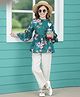 Cutiekins Woven Full Balloon Sleeves Floral Printed Top & Pant Set - Green & White