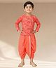 Lil' Drama Knit Full Sleeves Floral Printed Kurta Dhoti Set - Orange