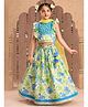 Lil' Drama Cotton Knit Frill Sleeves Floral Printed & Mirror Work Embellished Coordinating Lehenga Choli With Dupatta Set - Green & Blue
