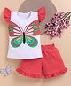 NUTTY BUTTY Sinker Knit Half Sleeves Butterfly Printed Top & Shorts Set - Orange