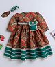 NAVKIYA G Rayon Woven Full Sleeves Ethnic Motif Printed Dress With Headband Set - Green & Multi Colour