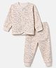 Pink Rabbit Fleece Knit Full Sleeves Winter Wear Night Suit With Dinosaur Print - Beige