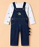 Babyhug Single Jersey Knit Denim Dungarees and Tee Full Sleeves with Knee Length and Dinosaur Print - White