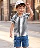 Babyhug Cotton Knit Half sleeves Striped Shirt & Denim Shorts Set - White & Blue