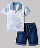 Babyhug Single Jersey Knit Half Sleeves Whale Printed T-Shirt & Denim Shorts Set - Blue