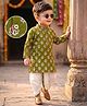 Tiny Bugs Organic Cotton Woven Full Sleeves Floral Printed Kurta & Dhoti Set - Olive Green