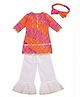 Tiny Bugs Organic Cotton Woven Three Fourth Sleeves Bandhani Printed Lace Detailed Kurti & Sharara Set With Headband - Pink