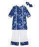 Tiny Bugs Cotton Woven Three Fourth Sleeves Floral Printed Kurti & Palazzo Set With Headband - Blue