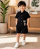 Superminis Cotton Woven Half Sleeves Palm Trees Embroidered Shirt & Shorts Set - Black