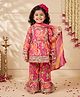 CHAHAK DESIGN Cotton Woven Three Fourth Sleeves Floral Printed Gota Lace Embellished Coordinating Kurti Sharara With Dupatta Set - Fuchsia