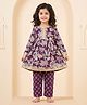 CHAHAK DESIGN Cotton Woven Three Fourth Sleeves Floral Printed Lace Detailed Kurti & Pants Set - Purple