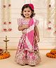 CHAHAK DESIGN Cotton Woven Frill Sleeves Floral Printed Lehanga & Choli With Dupatta Set - Cream & Pink