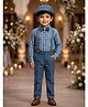 Rikidoos Cotton Woven Full Sleeves 2 Piece Checked Printed Party Shirt & Trouser Set With Bow, Suspender and Cap - Blue