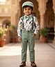 Rikidoos Cotton Woven Full Sleeves 2 Piece Abstract Printed Party Shirt & Trouser Set With Bow, Suspender and Cap - White & Light Green