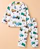 Babyhug Cotton Knit Full Sleeves Front Open Co-ord Shirt & Pajama Night Suit with Construction Vehicles Print - White