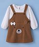 Babyhug Corduroy Woven Full Sleeves Frock with Inner Tee and Bear Print in Brown