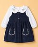 Babyhug Corduroy Woven Frock With Full Sleeves Inner Tee & Floral Embroidery - White