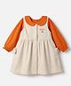 Babyhug Cotton Corduroy Woven Full Sleeves Frock with Inner Tee with Cherries Embroidery and Bow - Beige