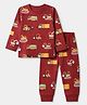 Babyhug Cotton Knit Full Sleeves Co-ord T-Shirt & Pajama Night Suit with Construction Vehicles Print - Maroon