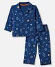 Babyhug Cotton Knit Full Sleeves Front Open Co-ord Shirt & Pajama Night Suit with Space Theme Print - Navy Blue
