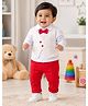 Bumzee Cotton Knit Full Sleeves Solid Three Piece Party Suit With Bow Attached -white & Red