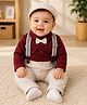 BUMZEE Cotton Knit Full Sleeves Solid Color Shirt With Trouser Suspender Bow & Cap Set - Maroon & Beige