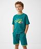 chuckleberrie Cotton Knit Half Sleeves Cheese & Fruits Printed Tee & Shorts Set - Dark Green