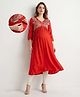 Bella Mama Woven Three Forth Sleeves Maternity Kurta With Floral Embroidered Yoke - Rust