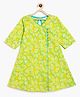 Campana 100% Cotton Woven Three Fourth Sleeves Leaves Printed Angrakha Style Kurti - Lime Green