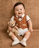 Spool Junior Cotton Knit Half Sleeves Tee With Checked Waistcoat & Shorts Set  - Brown