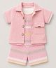 Spool Junior Cotton Knit Half Sleeves Striped Coordinating Tee & Shorts With Shirt Set - Light Pink